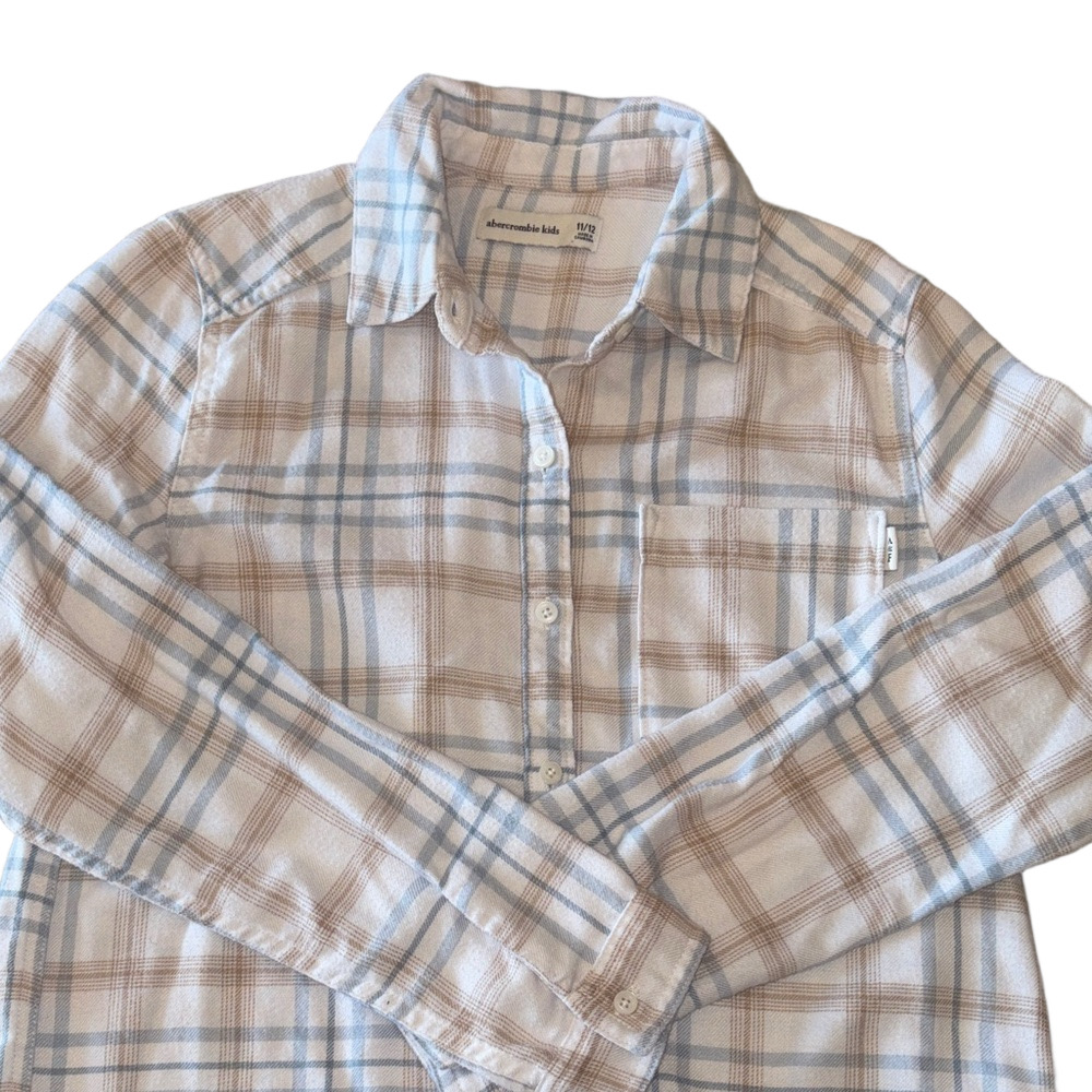 Abercrombie Kids 11/12 Cream Plaid Flannel Long Sleeve Shirt
